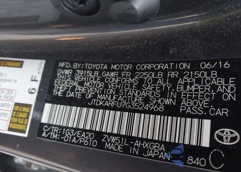 2016 Toyota Prius Four from USA, damaged, VIN JTDKARFU7G3524968